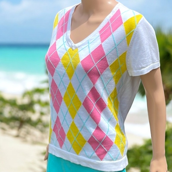 Liz Claiborne Argyle Short Sleeve Pullover V-Neck Sweater - Picture 5 of 16